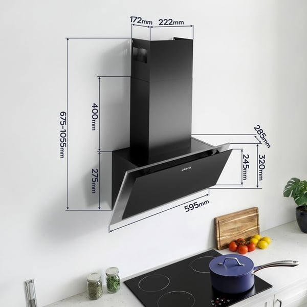 CIARRA Vinklad Fristående Fläkt 60cm - 370m³/h med 2 st Kolfilter Klass A++ - 3 Hastigheter - Utblås & Återvinning - SVART
