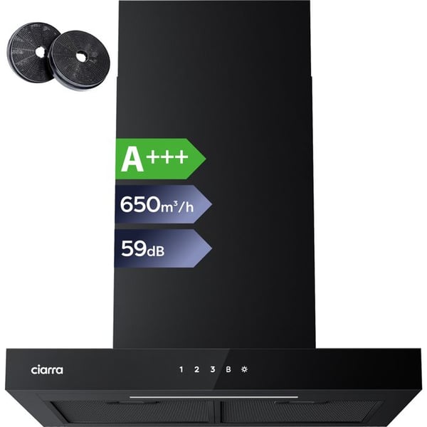 CIARRA Fläktkåpa 60 cm WI-FI och pekkontroller A+++ 650 m3/h Booster LED-skärm Svart