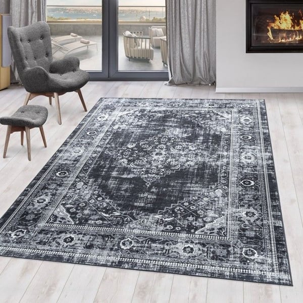 Maskin-tvättbar klassisk halkfri matta Orient Vintage Svart Grå (Dimension: 80x250 cm)