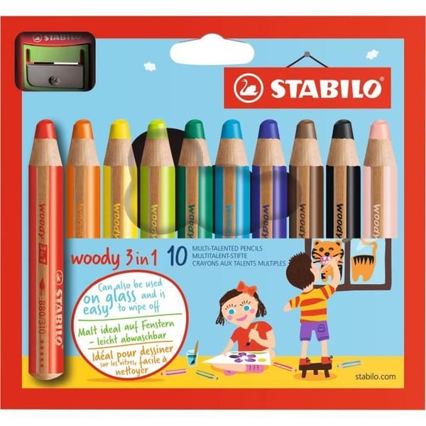 STABILO Kartong med 10 Woody-blyertser + 1 barnsäker pennvässare