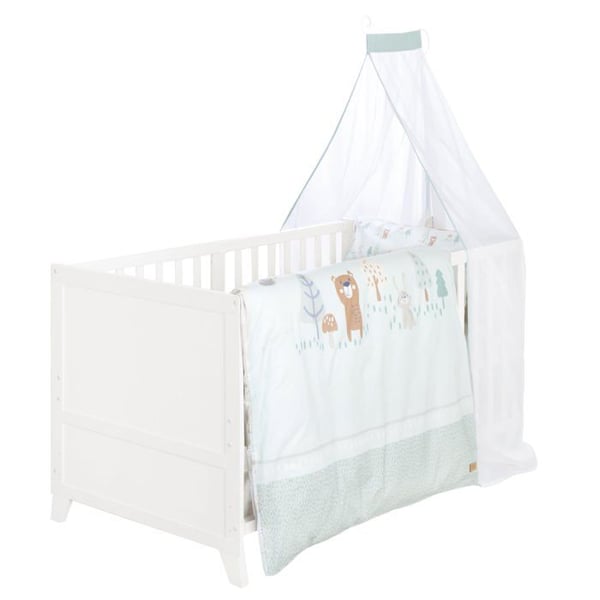Sängset för baby 'Wooland Buddies' 70 x 140 med komplett utrustning - Vit / Pastellgrön