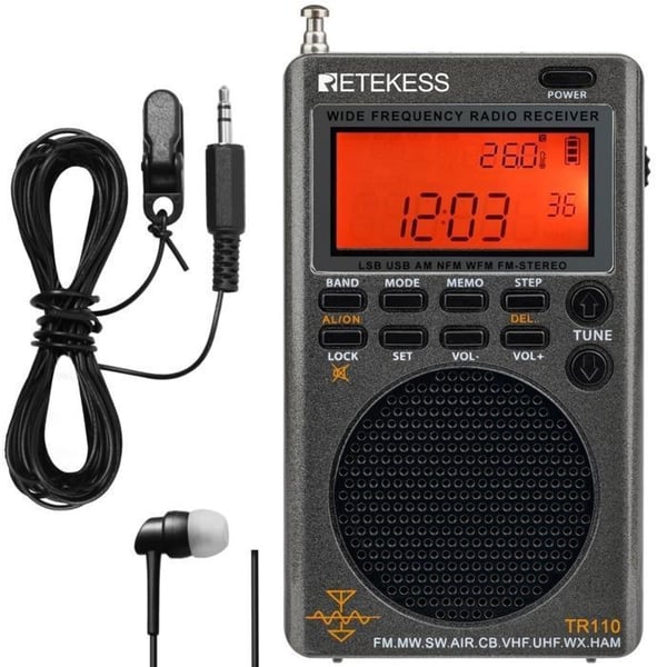 Retekess TR110 Mini Skanner Radio SSB, Radio Kortvåg, AIR FM MW SW, Uppladdningsbart Batteri, Klockor, Timer, Typ-C