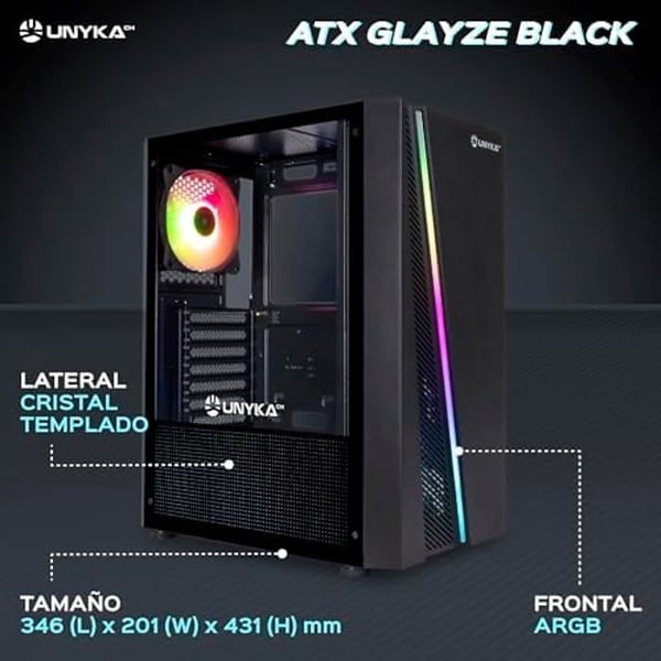 ATX-datorfodral - UNYKACH - GLAYZE - Svart - Panel av härdat glas - 120 mm RGB-fläkt