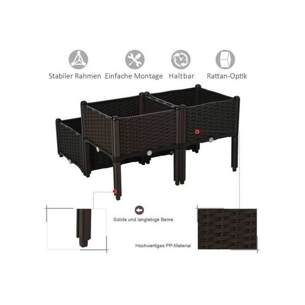 Hævet plantekasse - Outsunny - Rattan - 40x40x44cm - Velegnet til udendørs brug - Brun