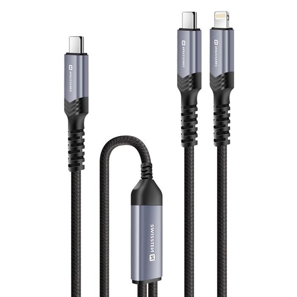 2-i-1 kabel - SWISSTEN - USB-C till Lightning - Snabbladdning 100W - 1,5m - Svart