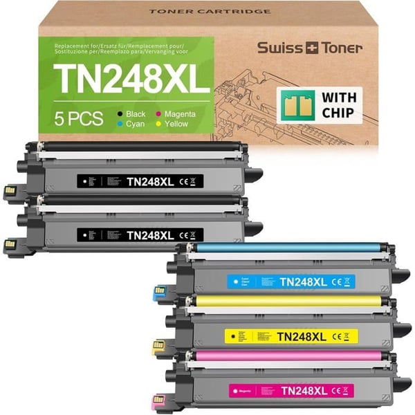 Swiss Toner TN248XL Kompatibel för Brother - Paket med 5 - Hög Kapacitet för MFC-L3760CDW, DCP-L3560CDW, HL-L3240CDW