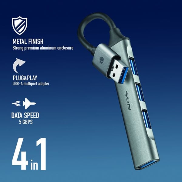 NGS IHUB 4 MICRO : USB-hubb 4 portar (1 USB 3.2 Gen1 + 3 USB 2.0), överföring 5Gbps, kompakt, aluminium