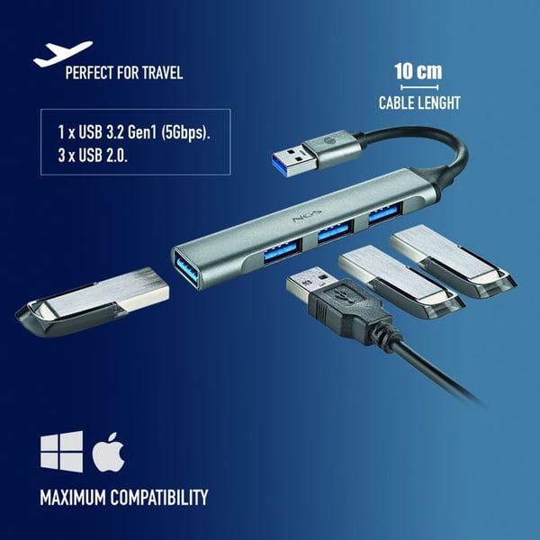 NGS IHUB 4 MICRO : USB-hubb 4 portar (1 USB 3.2 Gen1 + 3 USB 2.0), överföring 5Gbps, kompakt, aluminium