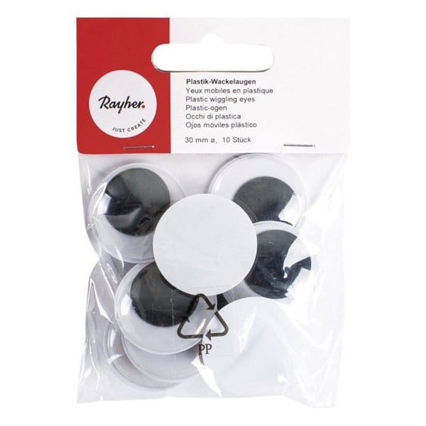 Rörliga plastögon - sct.-LS - 30 mm - 20 stycken - Svart och Vit - Blandad