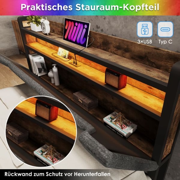 Klapseng - MUVOE - 90 x 200 cm - USB Type C - LED-belysning - Opbevaringsskuffer