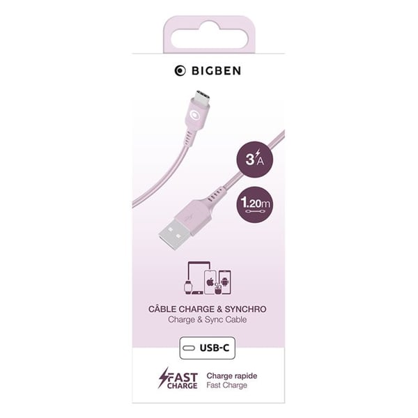 USB-A till USB-C-kabel - BIGBEN CONNECTED - 1.2m - Snabbladdning 15W - Vävd nylon - Rosa