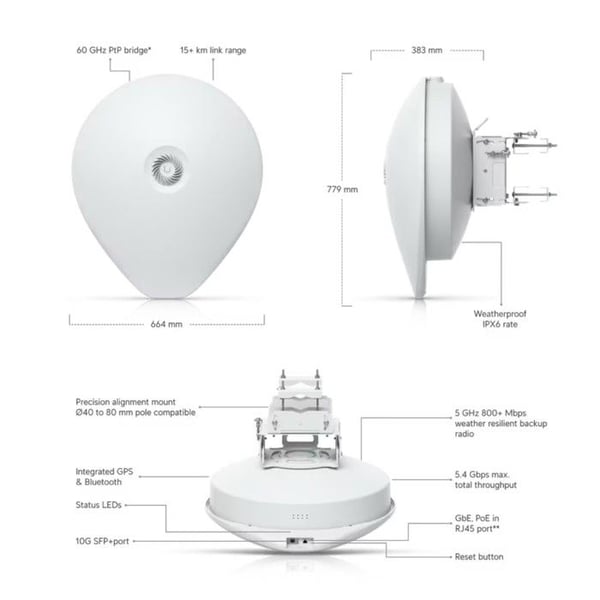 Modem och router - Ubiquiti - UISP airFiber 60 XR - Extern antenn - Gain 26 dBi - 4000 m räckvidd