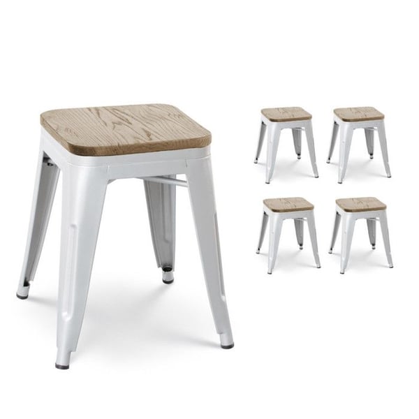 Set om 4 metalliska barstolar i matt vitt industriellt stil med sits i ljust trä - Höjd 46 cm