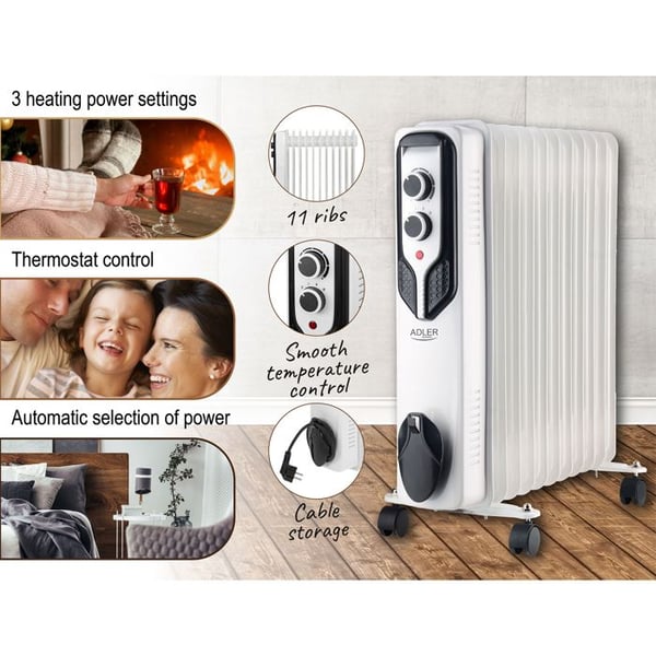 Olie radiator 11 elementer, 3 effekt niveauer, temperaturregulator Adler AD7817 2500W hvid