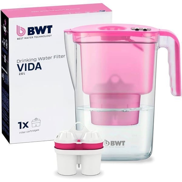 BWT filtrerande karaff VIDA rosa 2,6L – medföljer filterpatron som filtrerar | kalk, klor, bly och koppar | berikar med magnesium
