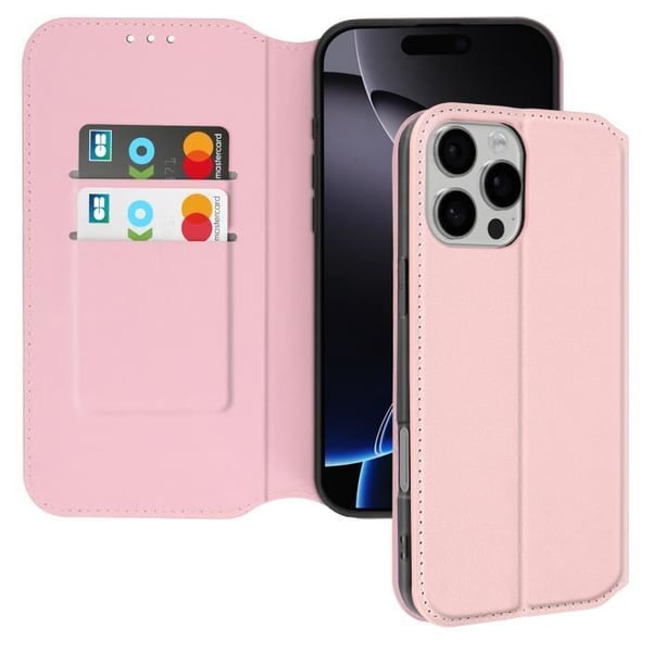Etui för iPhone 16 Pro med fällbar kreditkortshållare och videostöd i roséguld