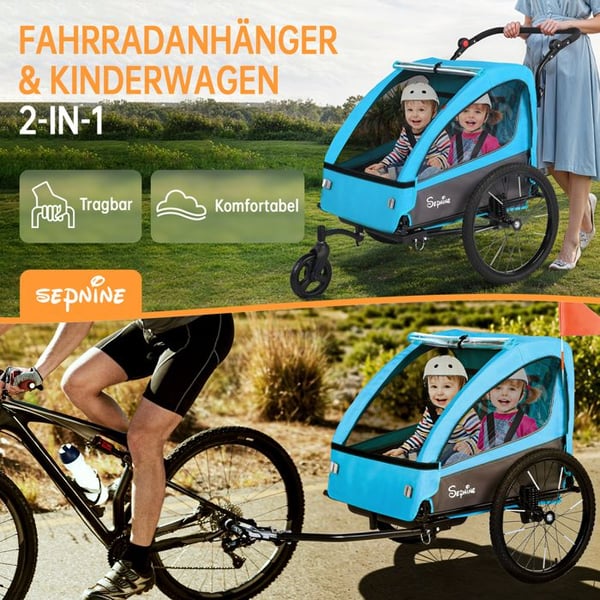 SEPNINE BT920 Børnecykeltrailer og sammenklappelig rummelig 2-i-1 barnevogn med affjedring