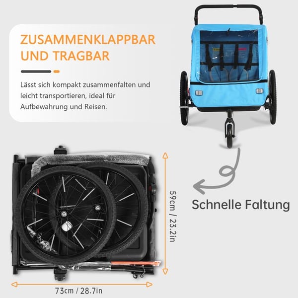 SEPNINE BT920 Børnecykeltrailer og sammenklappelig rummelig 2-i-1 barnevogn med affjedring