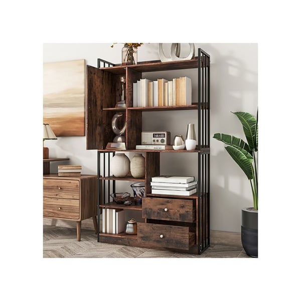 Bibliotek - MUVOE - 6 hyllor - Antikbrun - Lådor och dörrar - Vintage industriell stil