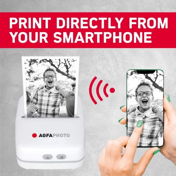 AGFAPHOTO Realipix Pocket P – Bärbar termisk fotoprinter utan bläck - Svartvitt utskrift - Bluetooth - Vit