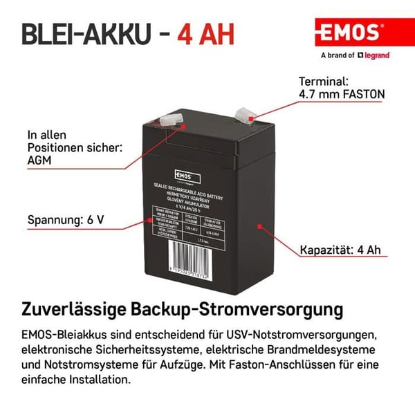 Blybatteri - EMOS - B9641 - 6V 4Ah - AGM - Faston-forbindelse 4,7mm