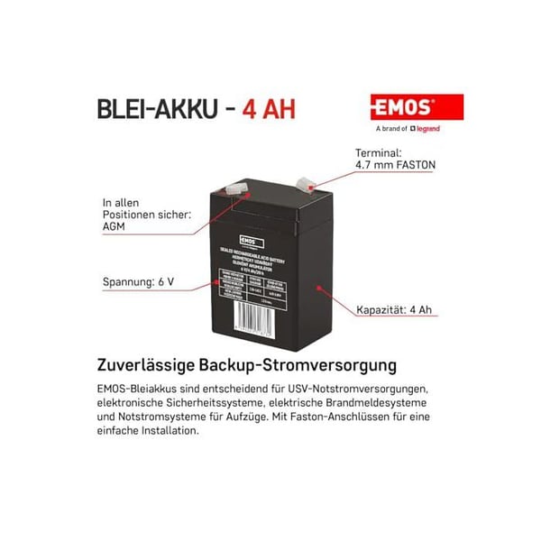 Blybatteri - EMOS - B9641 - 6V 4Ah - AGM - Faston-forbindelse 4,7mm