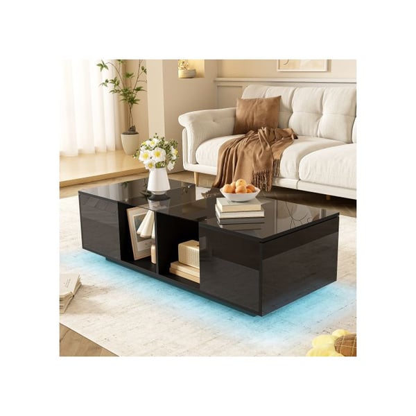 Moderne sort sofabord med LED-belysning, blank bordplade, 120 x 50 x 38,5 cm
