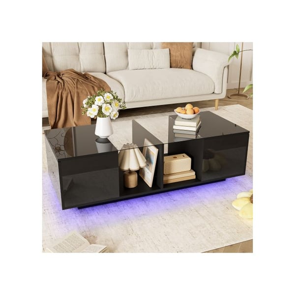 Moderne sort sofabord med LED-belysning, blank bordplade, 120 x 50 x 38,5 cm