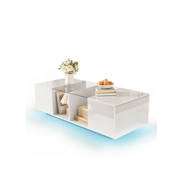 Moderne kaffebord - MUVOE - 120x50 cm - LED-belysning - Skinnende overflade - Praktisk opbevaring