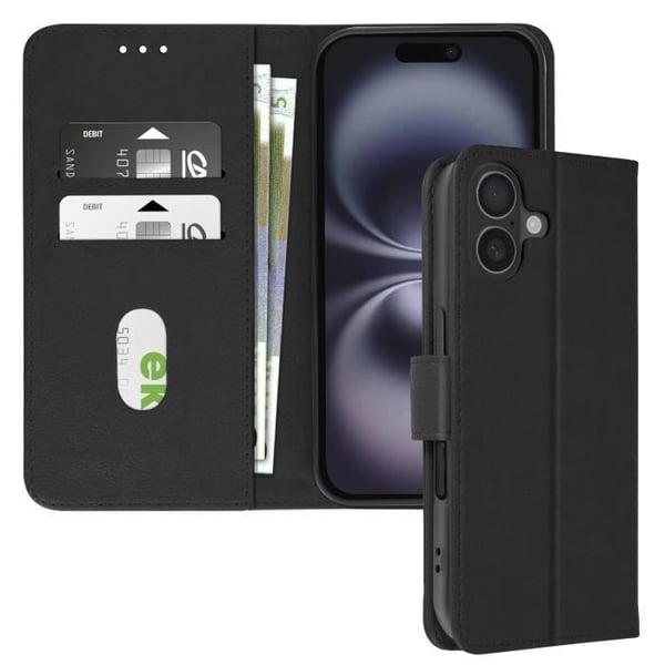 iPhone 16-fodral - AVIZAR - Plånbokslock - Videostöd - Veganskt läder - Svart