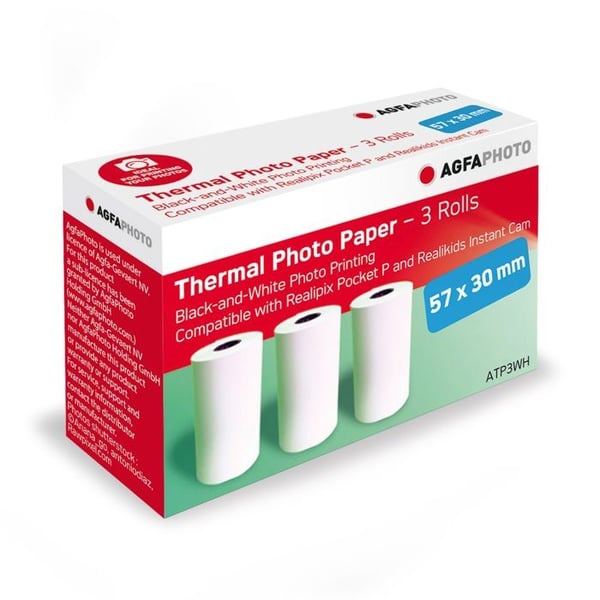 AGFAPHOTO ATP3WH - Pack med 3 rullar termopapper 57x30 mm, svartvitt tryck - Kompatibel med Realipix Pocket, Realikids Instant