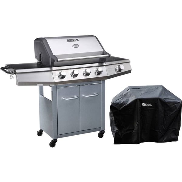 Gasolgrill med LED "Bingo 5" - 5 brännare varav 1 sidobrännare - 15.2kW + skyddshuv - Silver