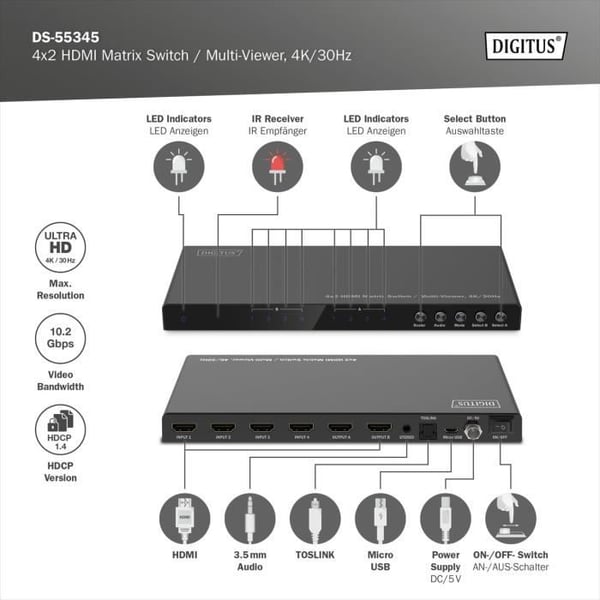 HDMI-switch - DIGITUS - DS-55345 - 4x2 - UHD 4K30 Hz - Multi Viewer - Svart Metall