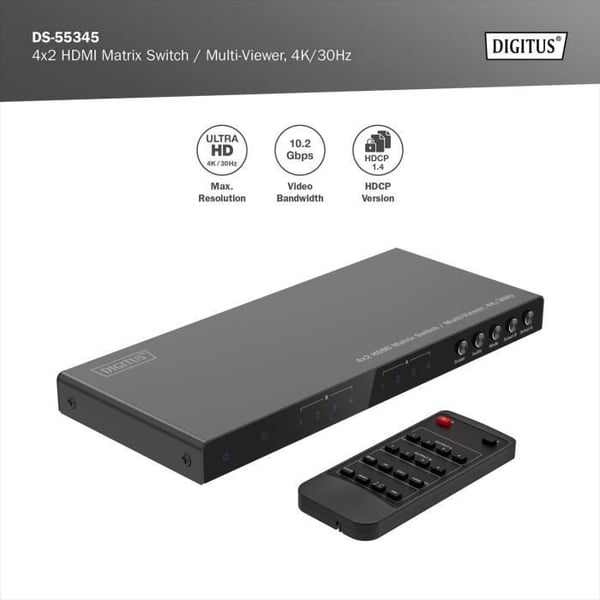 HDMI-switch - DIGITUS - DS-55345 - 4x2 - UHD 4K30 Hz - Multi Viewer - Svart Metall
