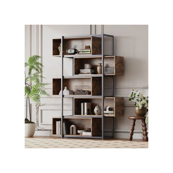 Bibliotek - MUVOE - 5 hyllor - Brun träkorn - Svart stålrör - Kipp-säker