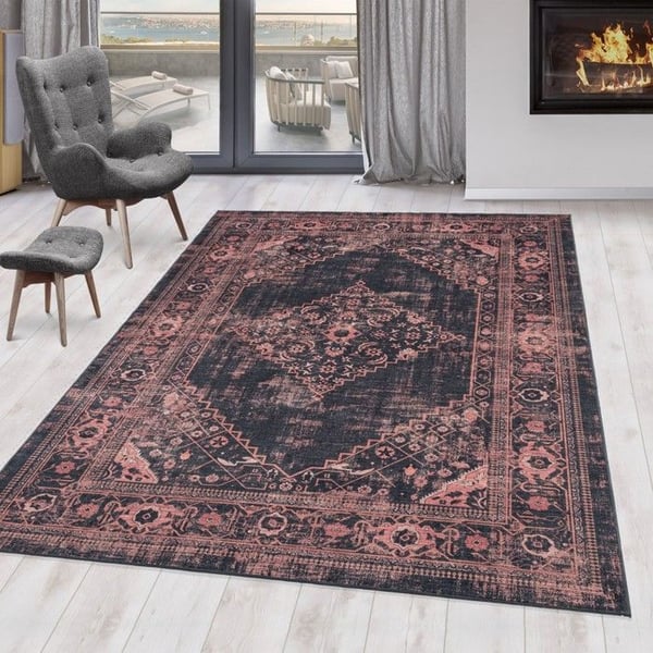 Maskin tvättbar halkfri matta Klassisk Orient Vintage Svart Röd (Dimension: 80x150 cm)