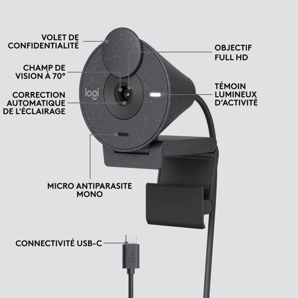 Webcam - Full HD 1080p - Logitech - Brio 300 - Indbygget mikrofon - Grafit