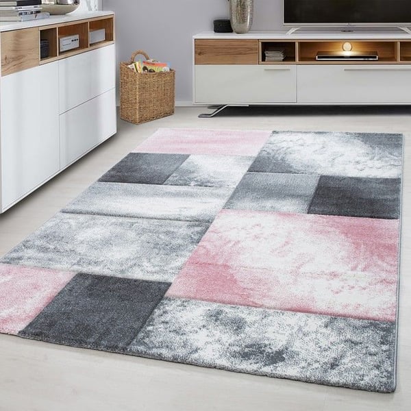 Kortluggad matta, Rutigt mönster, Färg Rosa, Matta för Vardagsrum, Jutebaksida (Dimension: 240X340 cm)
