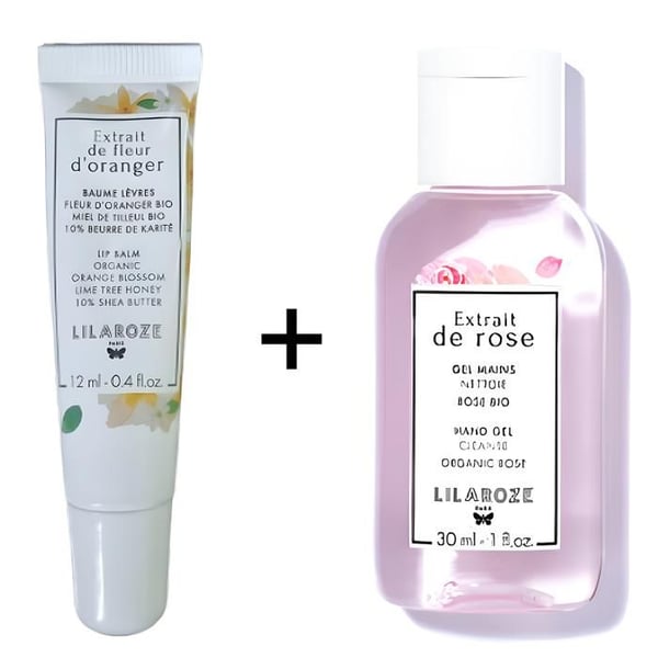 Lilaroze Paris Pack Balsam för Läppar Extrakt av Apelsinblomma Sheasmör + Rengörande Handgel Extrakt av Ros