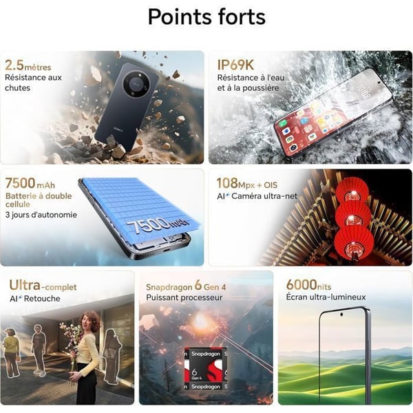 Smartphone 5G - HONOR Magic8 lite - 8Go RAM - 512Go - 7500 mAh - 108 Mpx + OIS - IP68 & IP69K - Rödbrun - EU-version