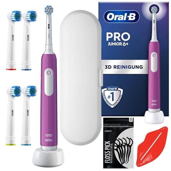 Eltandborste - Oral-B - Junior Pro Lila - 4 munstycken - Resväska - 3 borstningslägen