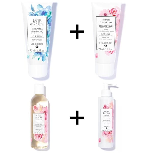 Lilaroze Paris Pack Lait Corps, Micellärt Vatten & Rosenmask + Handkräm med Extrakt från Alpernas Blommor