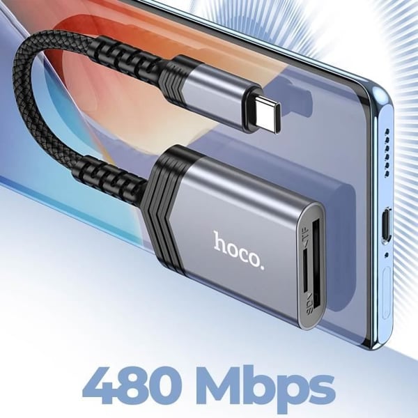 USB-C Kortläsare - HOKO - SD och micro SD - 2TB - Överföringshastighet 480Mbps - Hållbar flätad nylon