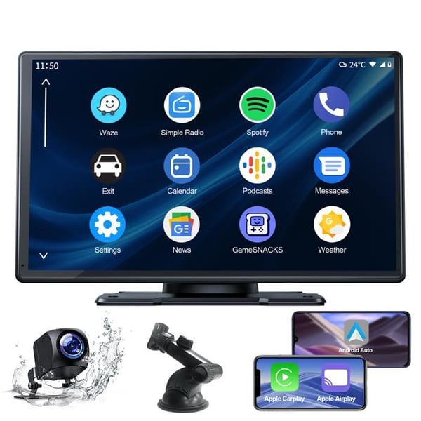 TOGUARD Carplay Bilradio 9-tumsskärm Trådlös Android Bluetooth Bärbar Navigationsröstassistent med 1080P backkamera