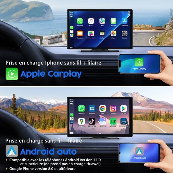 TOGUARD Carplay Bilradio 9-tumsskärm Trådlös Android Bluetooth Bärbar Navigationsröstassistent med 1080P backkamera