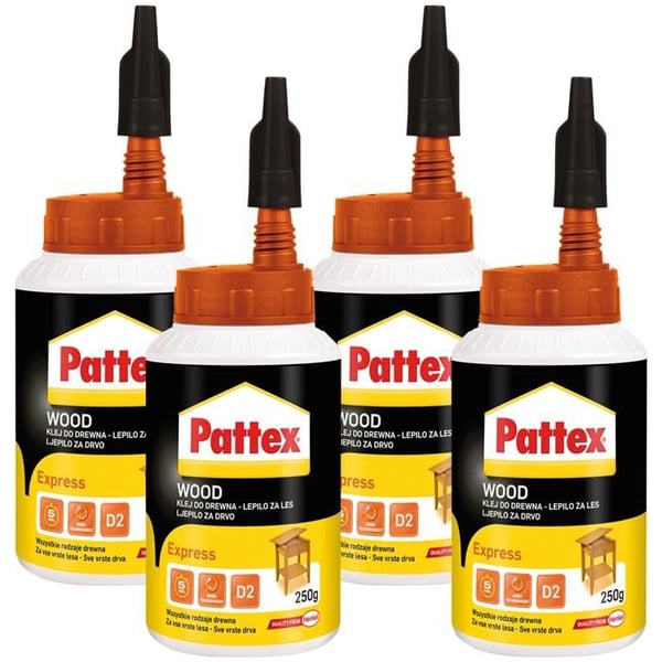 Trälim - Pattex - Express - Snabbtorkande - Lösningsmedelsfri - Motståndskraftig - Paket med 4 x 250ml