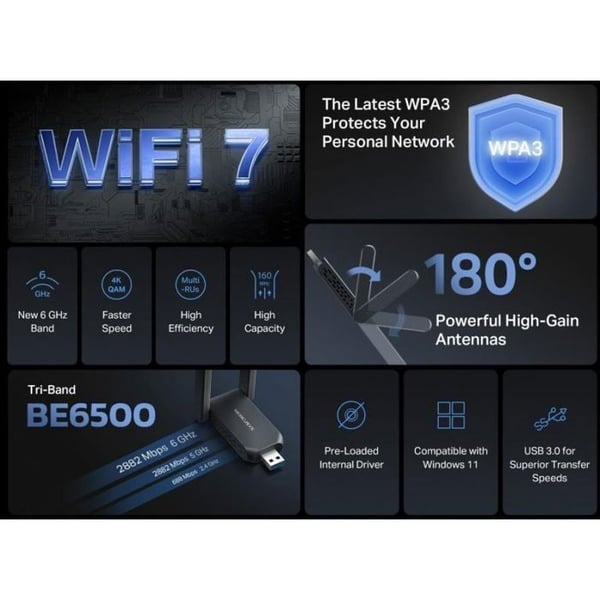 Adapter - wifi-antenn - 3g Mercusys MA37BEH USB WiFi7-adapter (AC1300, 2,4 GHz/5 GHz/6 GHz, USB 3.0)