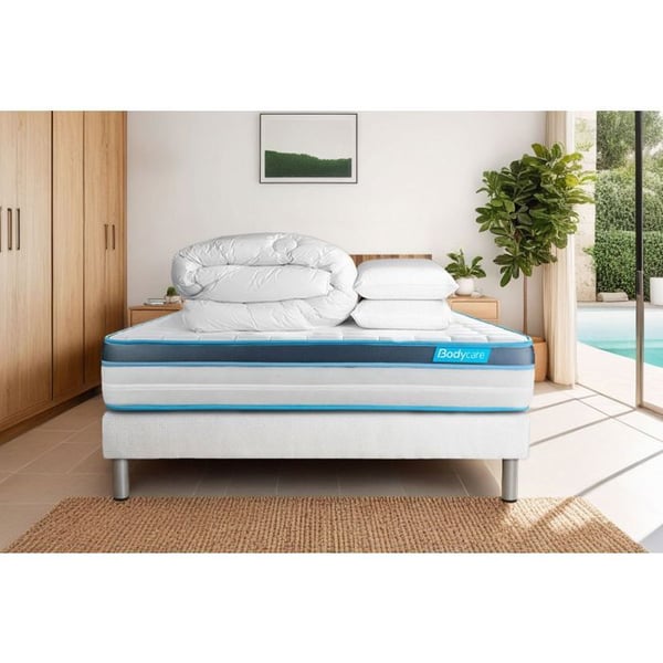 Säng- och madrassset 140x200 BodyFit Minnesskum - 24 cm - Fast - vit sängram + 2 kuddar + täcke