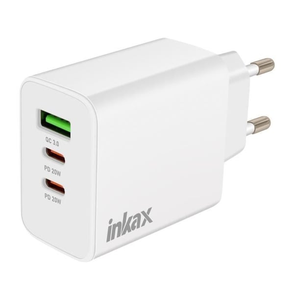Laddare 2x USB-C Power Delivery 20W + USB 18W Snabbladdning Kompakt Inkax Vit
