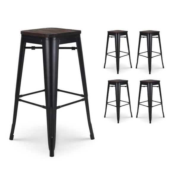 Set med 4 svarta metallbarstolar i industriell stil med sits i mörkt trä - Höjd 76 cm